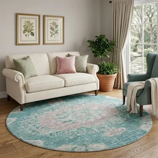 8' X 8' Teal Blush And Ivory Floral Washable Round Rug With UV Protection Photo 1