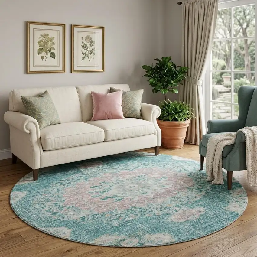 8' X 8' Teal Blush And Ivory Floral Washable Round Rug With UV Protection Photo 1