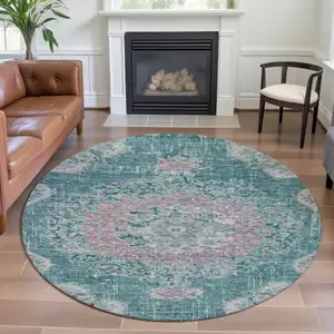 Photo of 8' X 8' Teal Blush And Ivory Floral Washable Round Rug With UV Protection