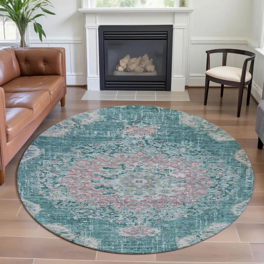 8' X 8' Teal Blush And Ivory Floral Washable Round Rug With UV Protection Photo 4