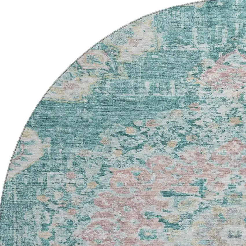 8' X 8' Teal Blush And Ivory Floral Washable Round Rug With UV Protection Photo 2