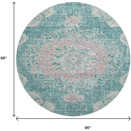 8' X 8' Teal Blush And Ivory Floral Washable Round Rug With UV Protection Photo 9