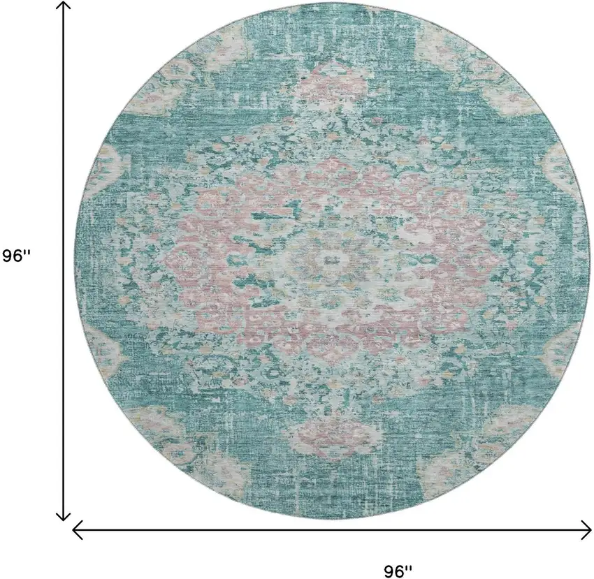 8' X 8' Teal Blush And Ivory Floral Washable Round Rug With UV Protection Photo 9