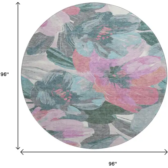 8' X 8' Teal Blush And Ivory Floral Washable Round Rug With UV Protection Photo 9