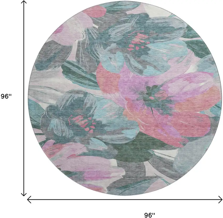 8' X 8' Teal Blush And Ivory Floral Washable Round Rug With UV Protection Photo 9