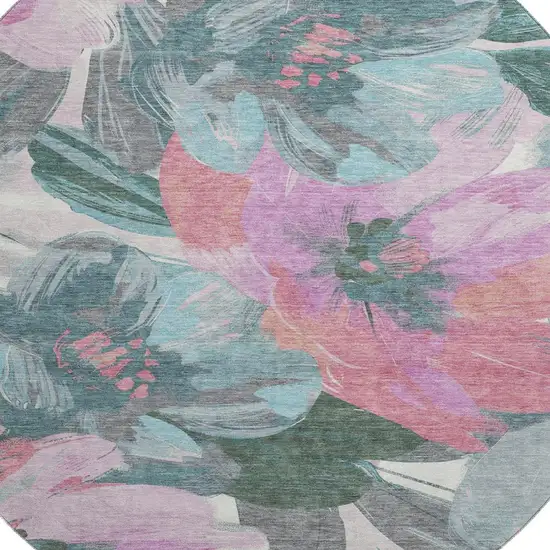 8' X 8' Teal Blush And Ivory Floral Washable Round Rug With UV Protection Photo 2