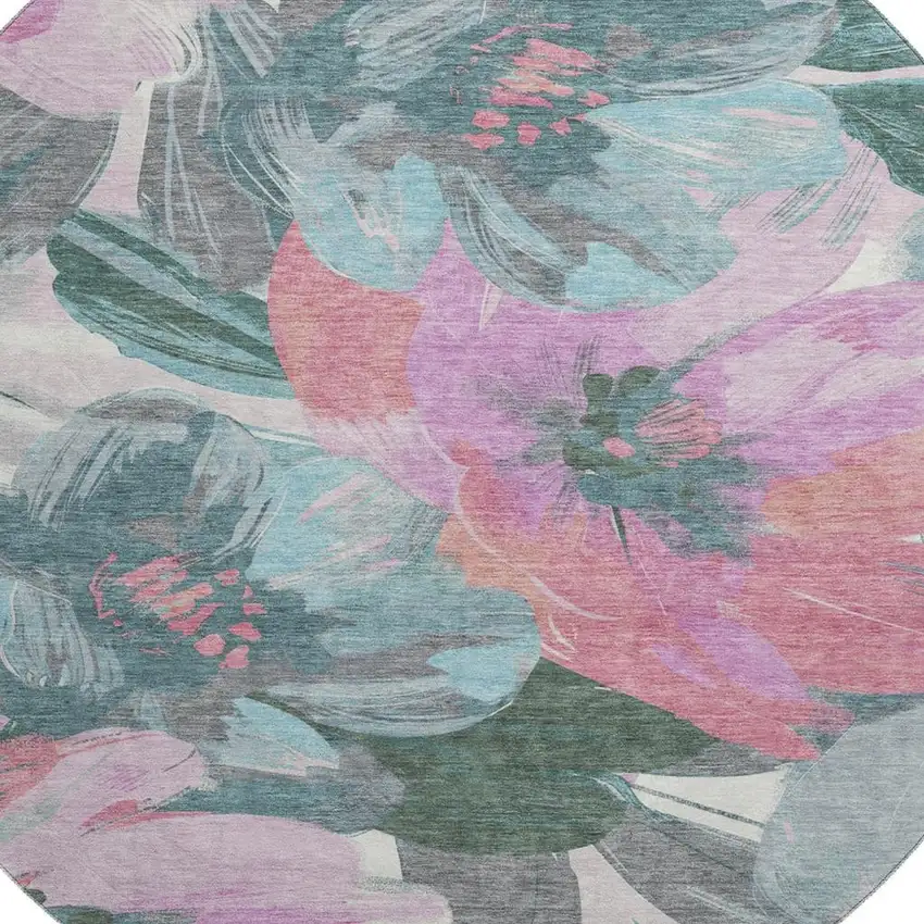 8' X 8' Teal Blush And Ivory Floral Washable Round Rug With UV Protection Photo 2