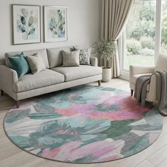 8' X 8' Teal Blush And Ivory Floral Washable Round Rug With UV Protection Photo 1