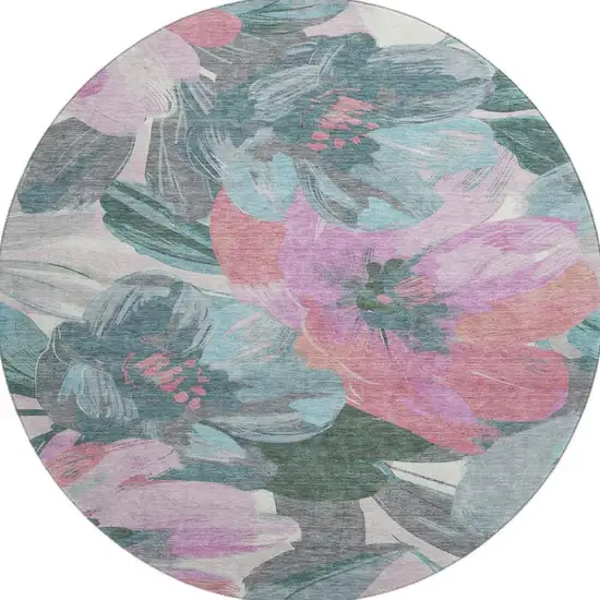 8' X 8' Teal Blush And Ivory Floral Washable Round Rug With UV Protection Photo 3