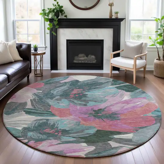 8' X 8' Teal Blush And Ivory Floral Washable Round Rug With UV Protection Photo 4