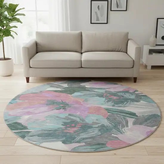 8' X 8' Teal Blush And Ivory Floral Washable Round Rug With UV Protection Photo 2