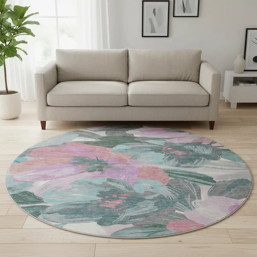 8' X 8' Teal Blush And Ivory Floral Washable Round Rug With UV Protection Photo 2