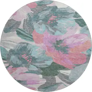 Photo of 8' X 8' Teal Blush And Ivory Floral Washable Round Rug With UV Protection