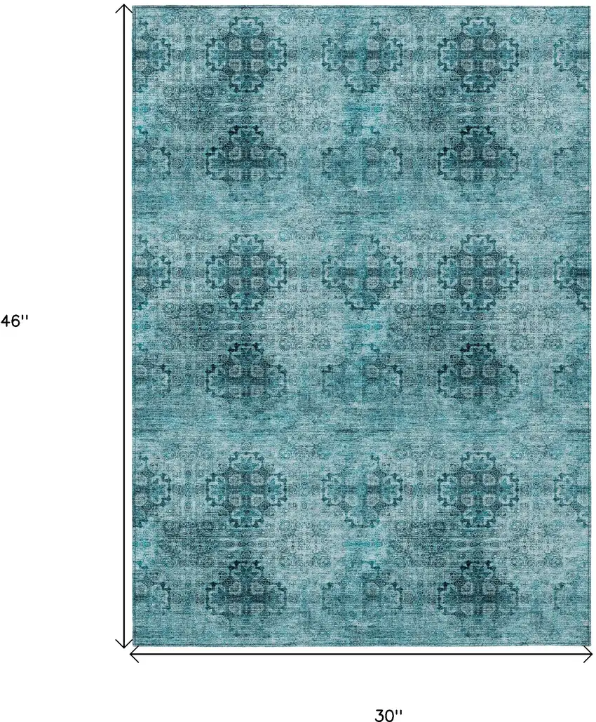 3' X 4' Teal Floral Medallion Washable Non Skid Indoor Outdoor Area Rug Photo 3