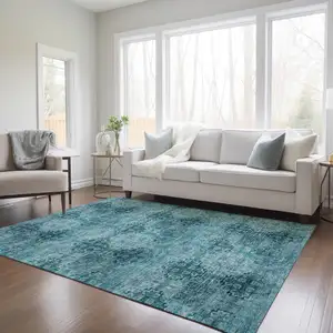 Photo of 3' X 5' Teal Floral Medallion Washable Non Skid Indoor Outdoor Area Rug