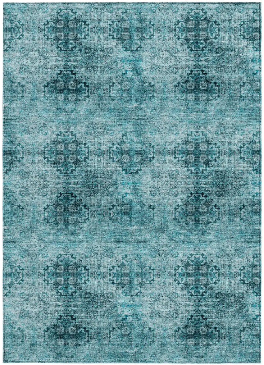 Teal Floral Medallion Washable Non Skid Indoor Outdoor Area Rug Photo 4