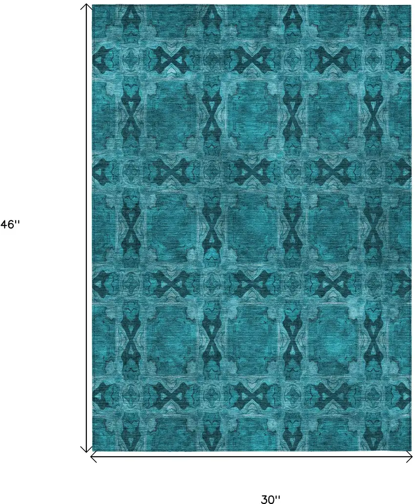 3' X 4' Teal Floral Medallion Washable Non Skid Indoor Outdoor Area Rug Photo 3