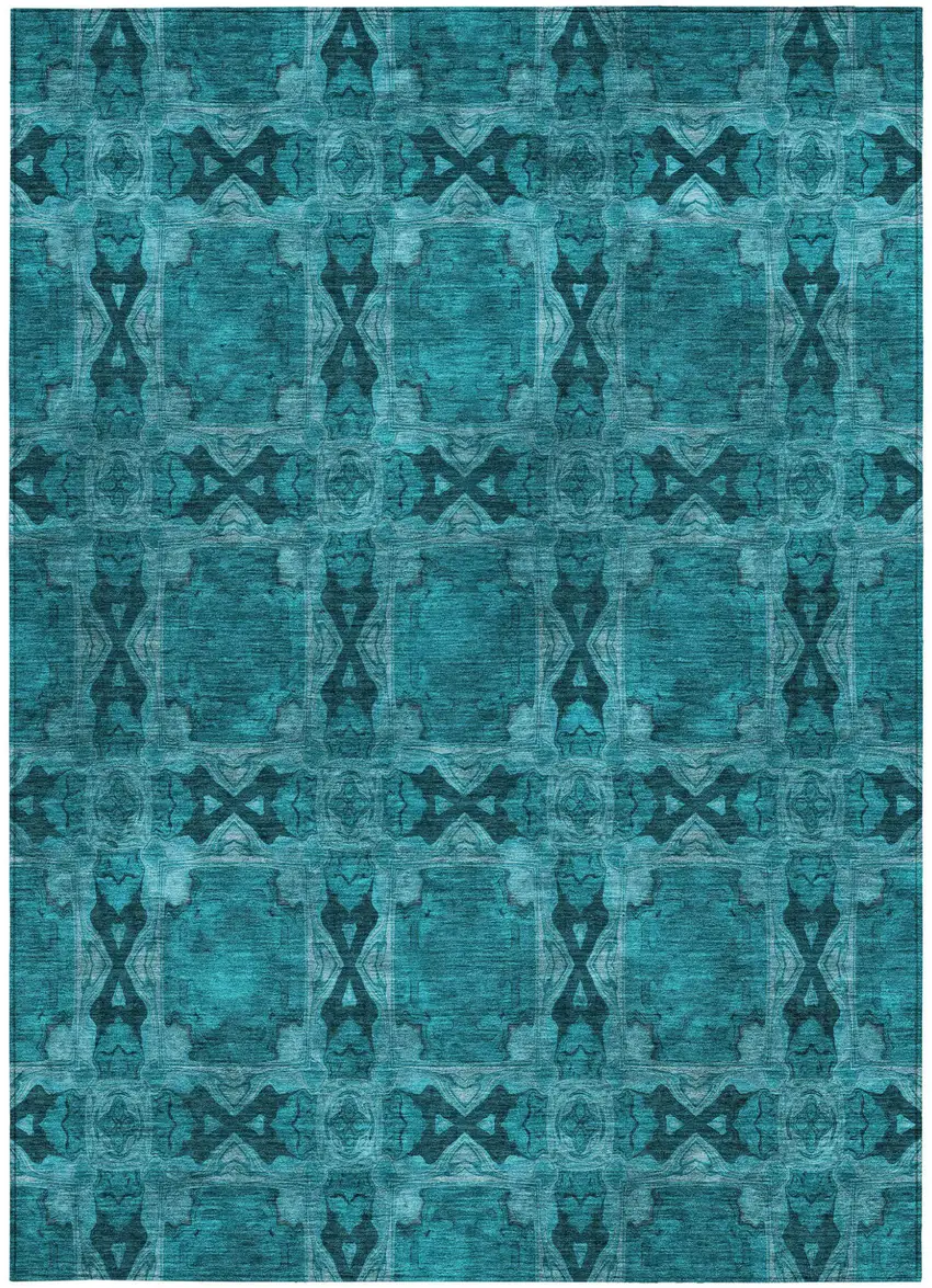 Teal Floral Medallion Washable Non Skid Indoor Outdoor Area Rug Photo 5