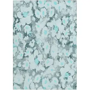 Photo of 3' X 4' Teal Floral Washable Non Skid Indoor Outdoor Area Rug