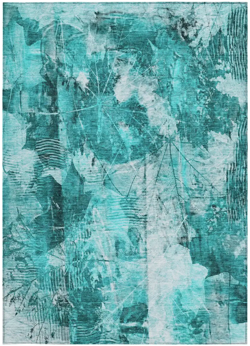 Teal Floral Washable Non Skid Indoor Outdoor Area Rug Photo 5