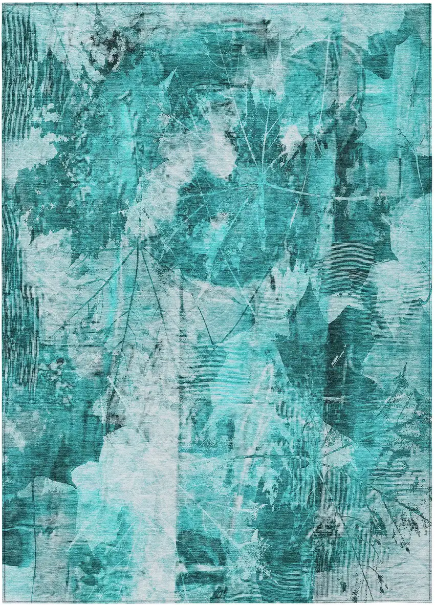 3' X 5' Teal Floral Washable Non Skid Indoor Outdoor Area Rug Photo 2