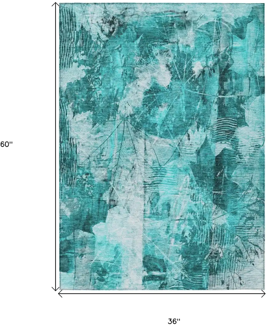 3' X 5' Teal Floral Washable Non Skid Indoor Outdoor Area Rug Photo 3