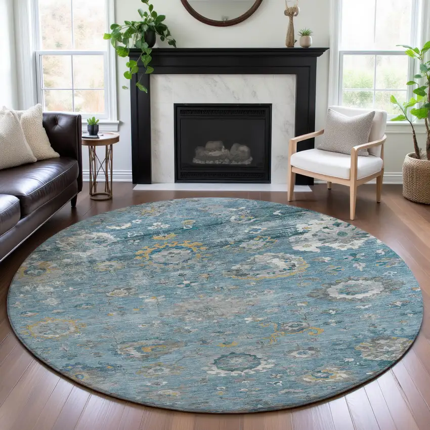 8' X 8' Teal Gold And Ivory Oriental Washable Round Rug With UV Protection Photo 4
