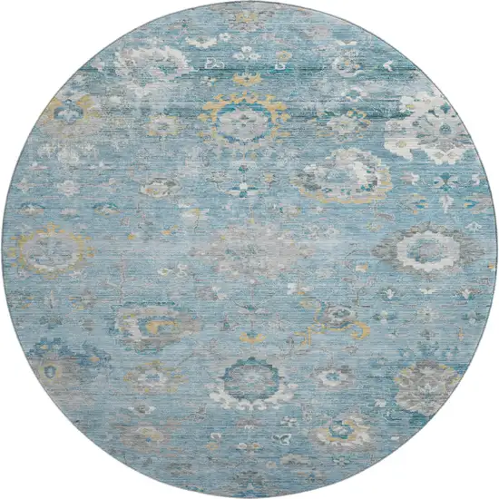 8' X 8' Teal Gold And Ivory Oriental Washable Round Rug With UV Protection Photo 1