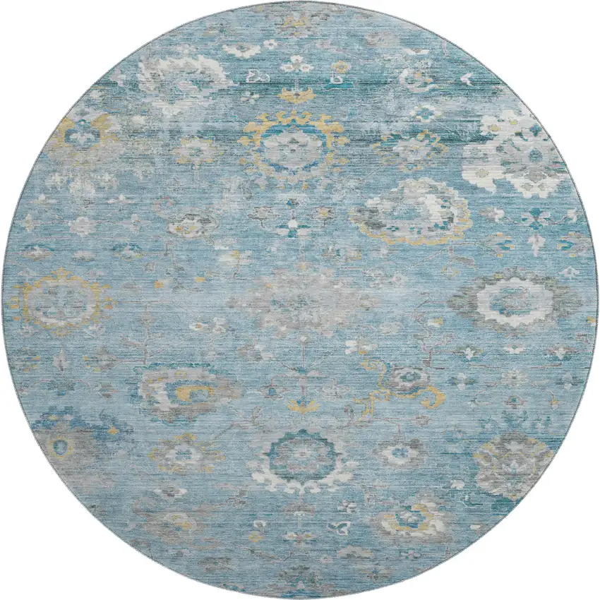 8' X 8' Teal Gold And Ivory Oriental Washable Round Rug With UV Protection Photo 1