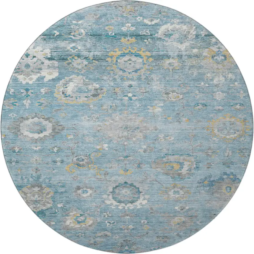 8' X 8' Teal Gold And Ivory Oriental Washable Round Rug With UV Protection Photo 3