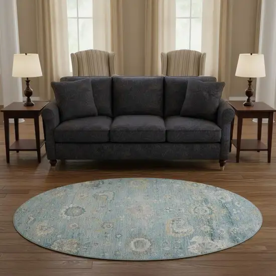 8' X 8' Teal Gold And Ivory Oriental Washable Round Rug With UV Protection Photo 2