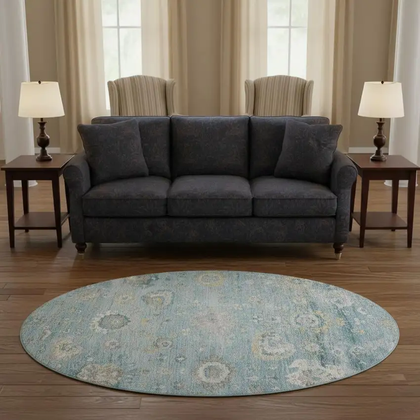 8' X 8' Teal Gold And Ivory Oriental Washable Round Rug With UV Protection Photo 2