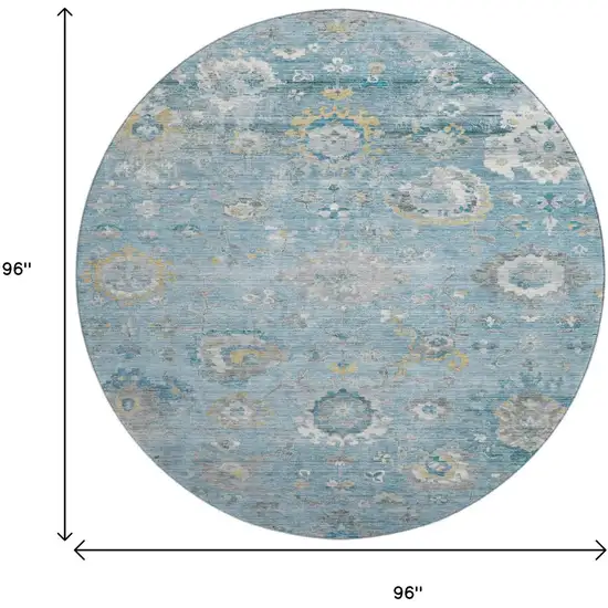 8' X 8' Teal Gold And Ivory Oriental Washable Round Rug With UV Protection Photo 9