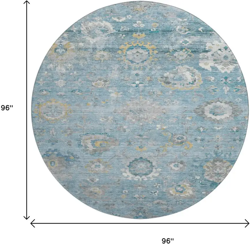 8' X 8' Teal Gold And Ivory Oriental Washable Round Rug With UV Protection Photo 9