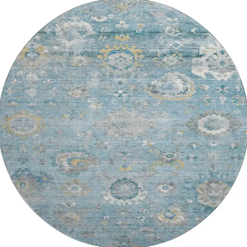 8' X 8' Teal Gold And Ivory Oriental Washable Round Rug With UV Protection Photo 2