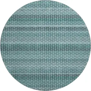 Photo of 8' X 8' Teal Gray And Ivory Striped Washable Round Rug With UV Protection