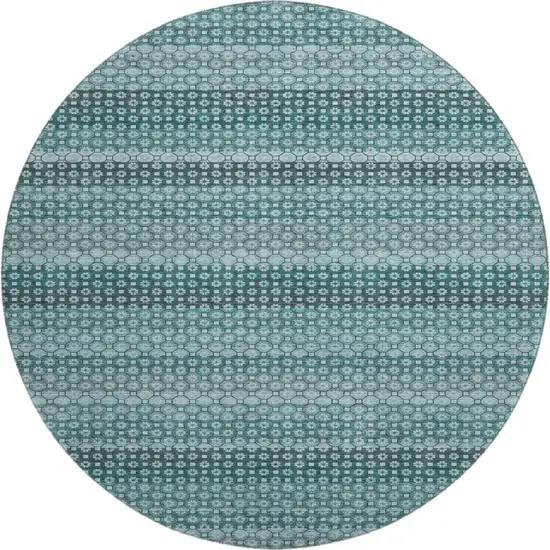 8' X 8' Teal Gray And Ivory Striped Washable Round Rug With UV Protection Photo 1