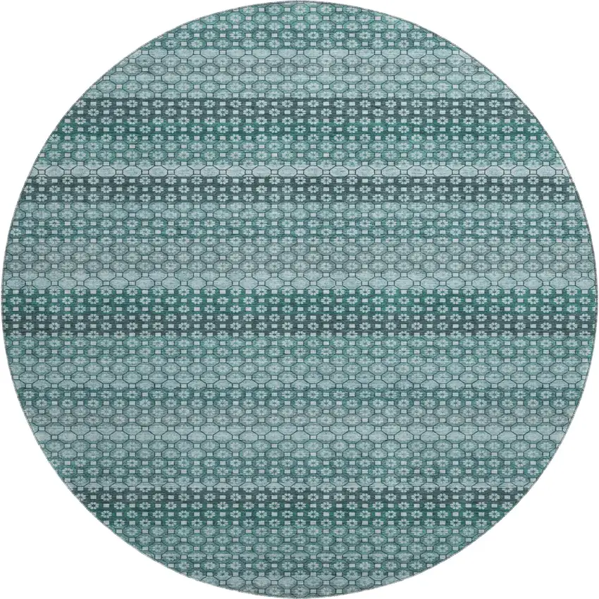8' X 8' Teal Gray And Ivory Striped Washable Round Rug With UV Protection Photo 1