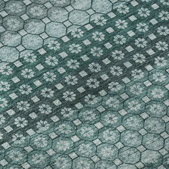 8' X 8' Teal Gray And Ivory Striped Washable Round Rug With UV Protection Photo 8