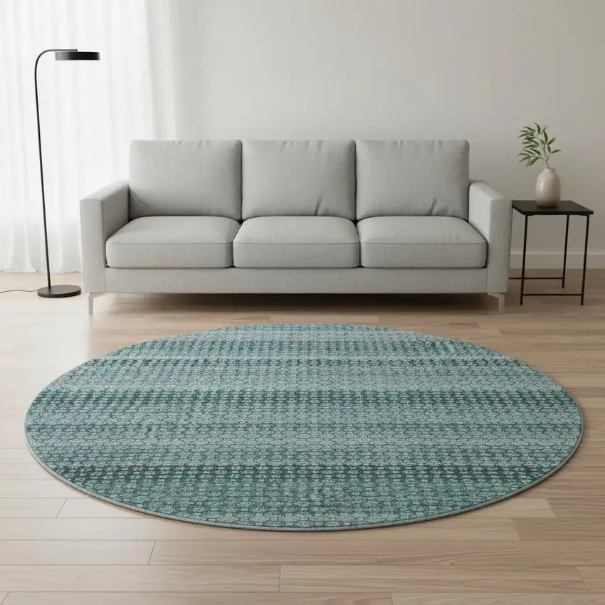 8' X 8' Teal Gray And Ivory Striped Washable Round Rug With UV Protection Photo 2