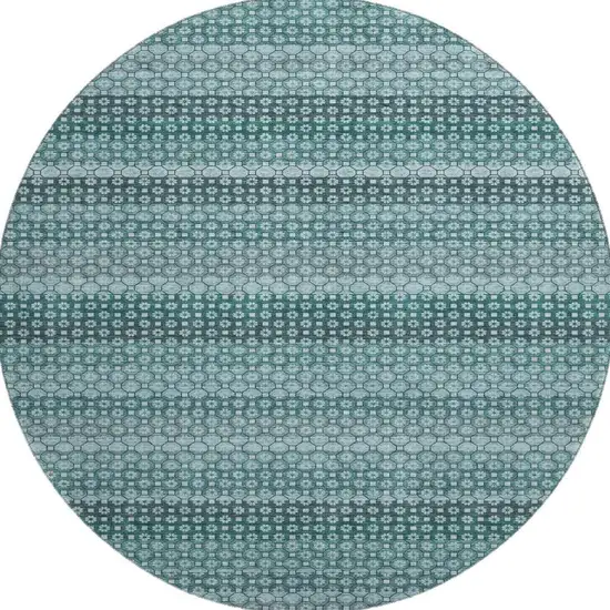 8' X 8' Teal Gray And Ivory Striped Washable Round Rug With UV Protection Photo 3