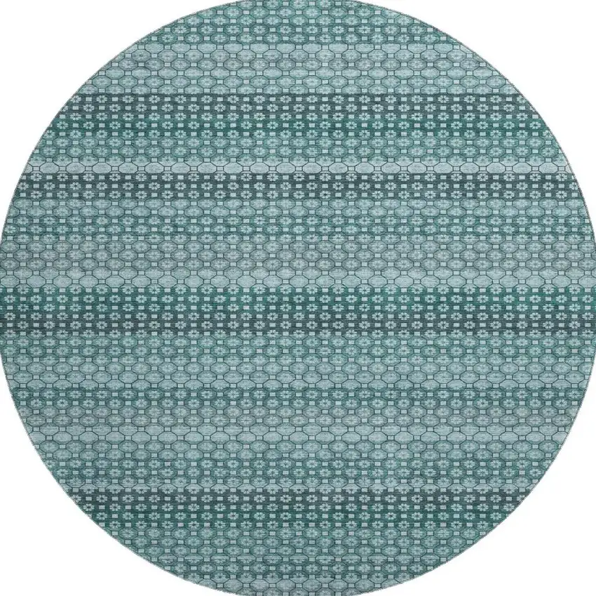 8' X 8' Teal Gray And Ivory Striped Washable Round Rug With UV Protection Photo 3
