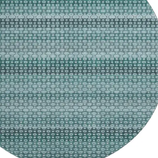 8' X 8' Teal Gray And Ivory Striped Washable Round Rug With UV Protection Photo 2