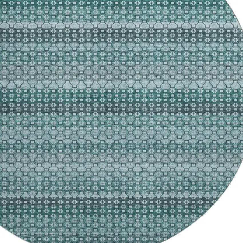 8' X 8' Teal Gray And Ivory Striped Washable Round Rug With UV Protection Photo 2