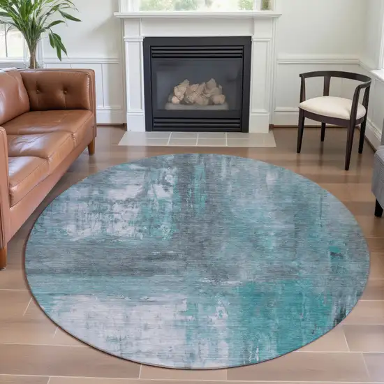8' X 8' Teal Gray And Silver Abstract Washable Round Rug With UV Protection Photo 4