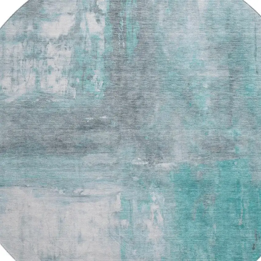 8' X 8' Teal Gray And Silver Abstract Washable Round Rug With UV Protection Photo 2