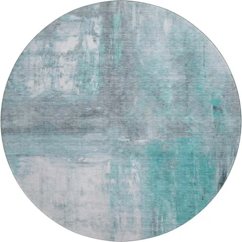 8' X 8' Teal Gray And Silver Abstract Washable Round Rug With UV Protection Photo 1