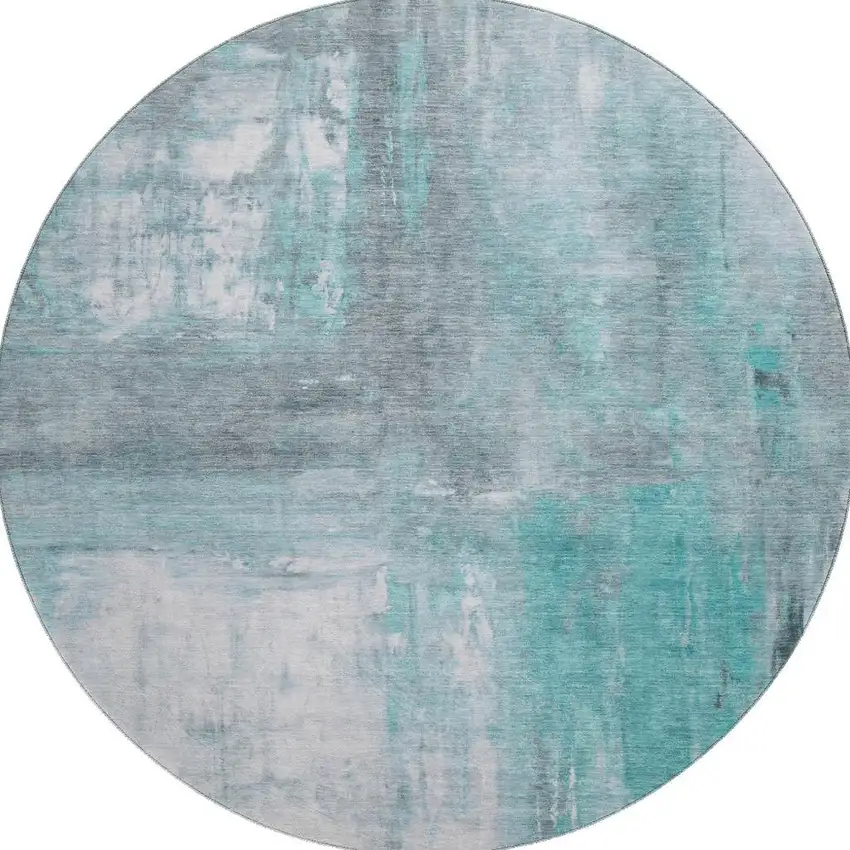 8' X 8' Teal Gray And Silver Abstract Washable Round Rug With UV Protection Photo 3