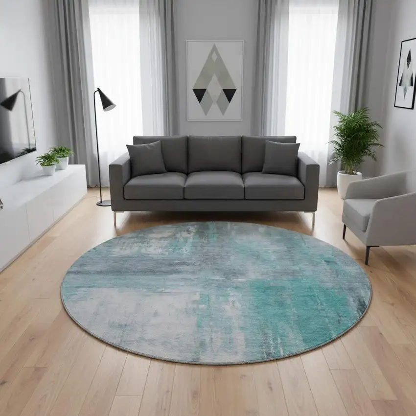 8' X 8' Teal Gray And Silver Abstract Washable Round Rug With UV Protection Photo 2