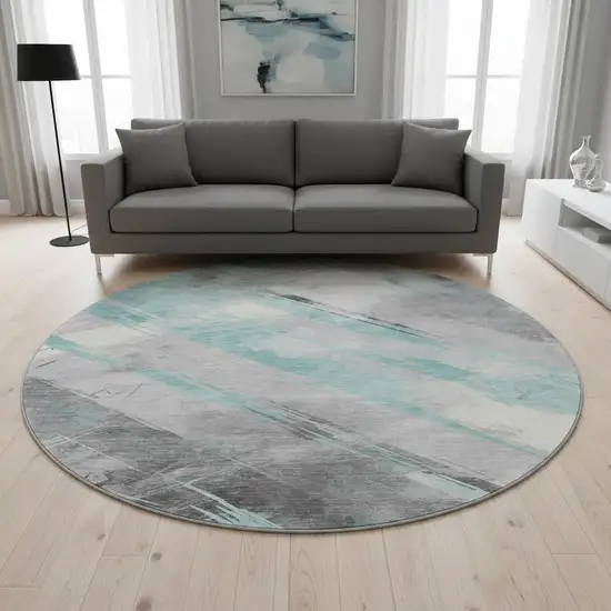 8' X 8' Teal Gray And Silver Striped Washable Round Rug With UV Protection Photo 2